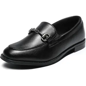 Boys' Faux Leather Horsebit Loafers - Black Shoes, Round Toe, Slip-On Formal Dress Footwear, Non-Slip Low Heel, for Wedding, School Events