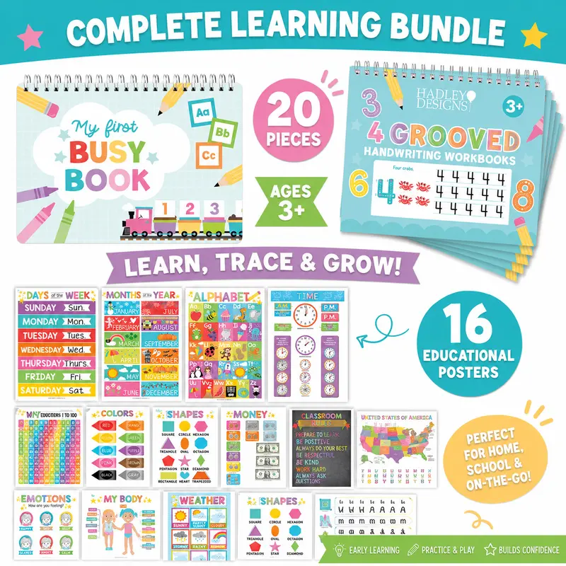 Hadley Designs Homeschool Preschool Early Learning Bundle - Homeschool Curriculum for Ages 3-7, 16 11x17 Educational Wall Charts, Montessori Busy Book, 3-Piece Grooved Alphabet Handwriting Practice Set, 2 Magic Pens