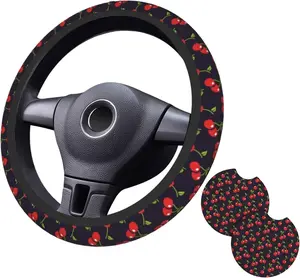 Cute Cherry Steering Wheel Cover for Women Men with 2 count  Coasters, 15 Inches Neoprene Anti-Slip Cute Universal Red  Accessories Protective Cover for