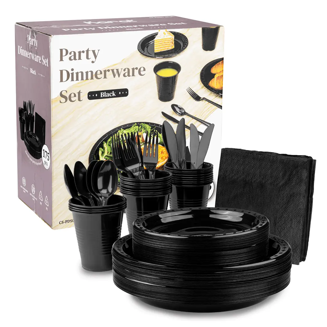 [25 sets] Karat Black Party Dinnerware Set | Plate, Cup, Fork, Knife, Spoon, Napkin