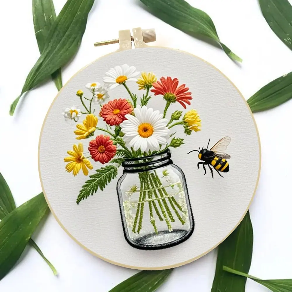 Flower Pattern Hand Embroidered Embroidery Kit with One Hoop, Vase Embroidery Set, Bee Needlework Craft, DIY Handmade Art Project, Embroidery Design, Floral Embroidery