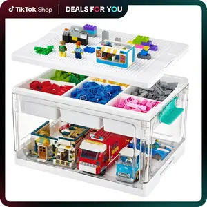 【DealsForYouDays】Vtopmart 1-2 Pack 24QT Collapsible Building Block Storage Bin, Multilayer Adjustable Organiser with Building Baseplate Lid, Removable Tray & Divided Compartment for Art Crafts Sensory Toys, Water&Dust Prooft, Mid Year Sale Restock, DFYD