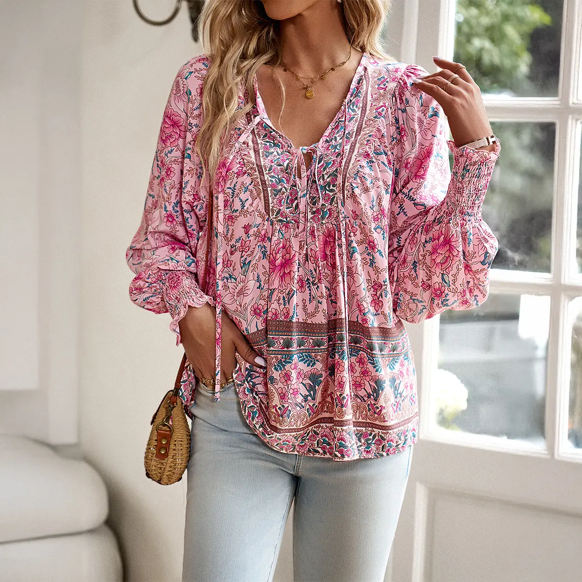 Women's Bohemian Floral Print Longsleeve Top, Casual Lace Up V-Neck in 100% Viscose for Outdoors and Vacation, Lady, Ethnic, Blouse, Shirts, Casual Comfy Shirt, Fabric, Longsleeves campingessentials, Bishop Sleeves, 3/4 Length, Floral Tribal, Tie Front