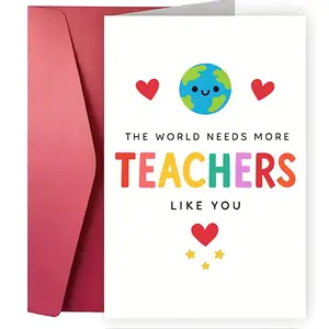 1/3/7pcs Heartwarming Teacher Appreciation Greeting Card, "The World Needs More Teachers Like You" Colorful Design with Earth & Hearts, Perfect Thank You Gift for Educator, Mentor, Professor, Ideal for End of Year, Teacher's Day, Retirement
