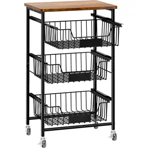 4-Tier Small Kitchen Storage Cart on Wheels, Metal Fruit Basket Stand with Pull-Out Baskets & Wood Top for Potato Onion Produce Snack Veggies