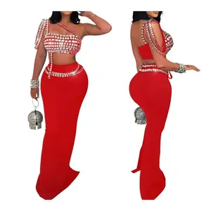 Women's Dress Fashionable Suspender Short Rhinestone Top Paired with Slim Fit Hip Hugging Skirt Sexy Elegant Retro Dress