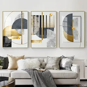 Three Piece Set, Modern Golden Abstract Geometric Wall Painting, Home Decoration, Canvas Oil Painting, Suitable for Living Room Porch Home Decoration