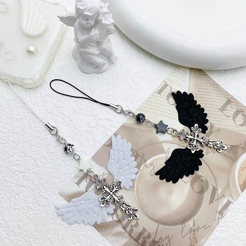 Retro Mobile Phone Straps Charm Cross Angel Wings Keychain Lanyard For iPhone Case Camera Bags Decoration Women Gift