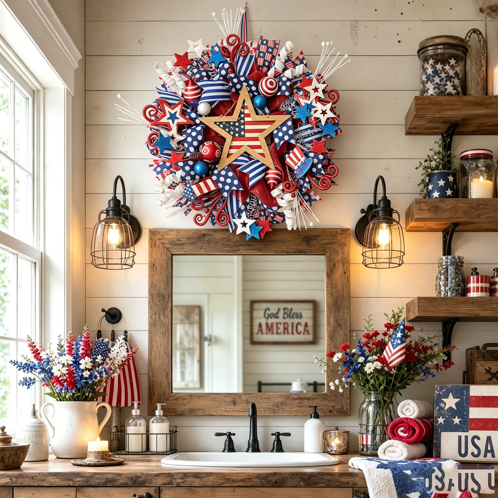 4th of July Patriotic Wreath Red White Blue Star American Flag Front Door Wreath Independence Day Home Wall Porch Decor