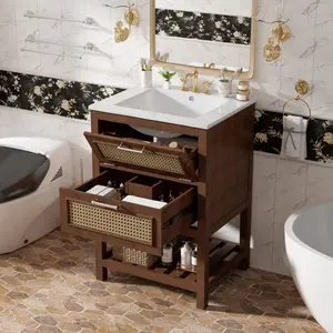 24" Bathroom Vanity with Integrated Ceramic Sink, Bathroom Cabinet with 1 Deep Drawer, 1 Tip-Out Drawer, Single Sink Bathroom Vanity for Small and Medium Restroom