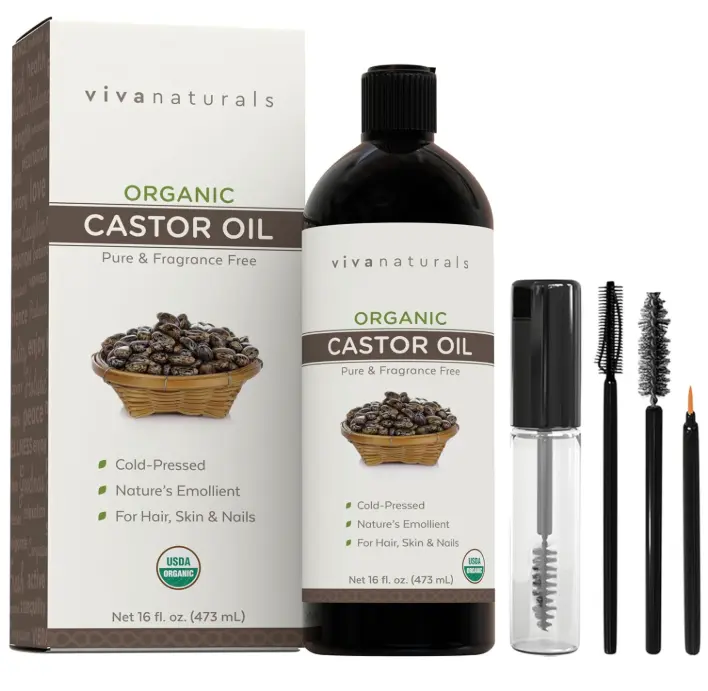 Viva Naturals Organic Castor Oil, Cold-Pressed, 16 fl oz – For Face, Hair, Eyelashes, USDA Organic, Non-GMO - With Beauty Kit