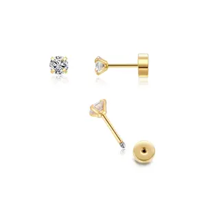 Tiny CZ Screw on Flat Back Stud Earrings,14K Gold Flat Back Cubic Zirconia Earrings for Helix Cartilage Tragus Earlobe Piercing Jewelry Gift for Women Girls Toddlers