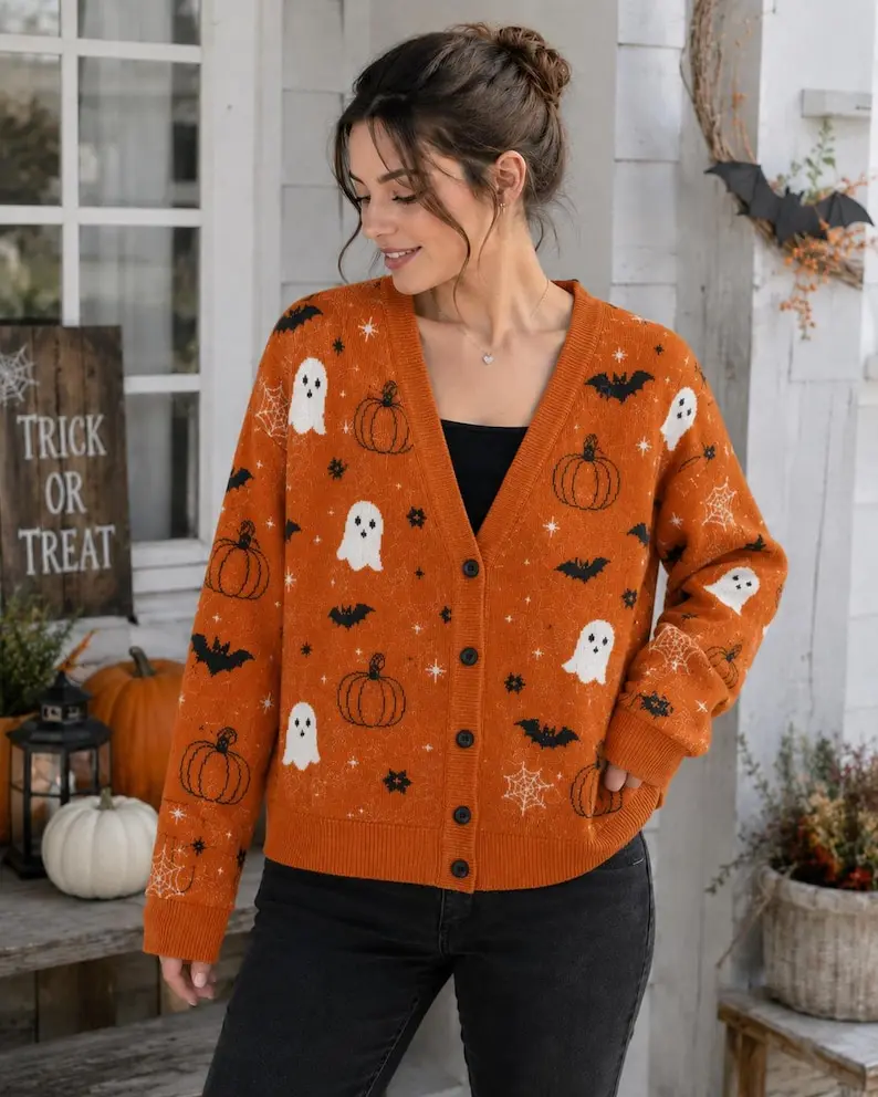 Halloween Ghost Pumpkin Bat Cardigan, Spooky Spider web Button Up Sweater, Cute Fall Outfit Đào Ngọc Diệp