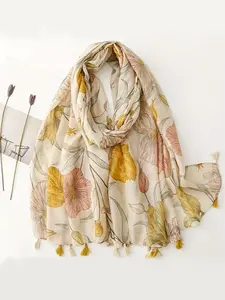 1pc Women's Bohemian Floral Print Scarf, Lightweight Draped Shawl with and Multi-Color Flowers, Tassel Edge, Versatile Fashion Headband
