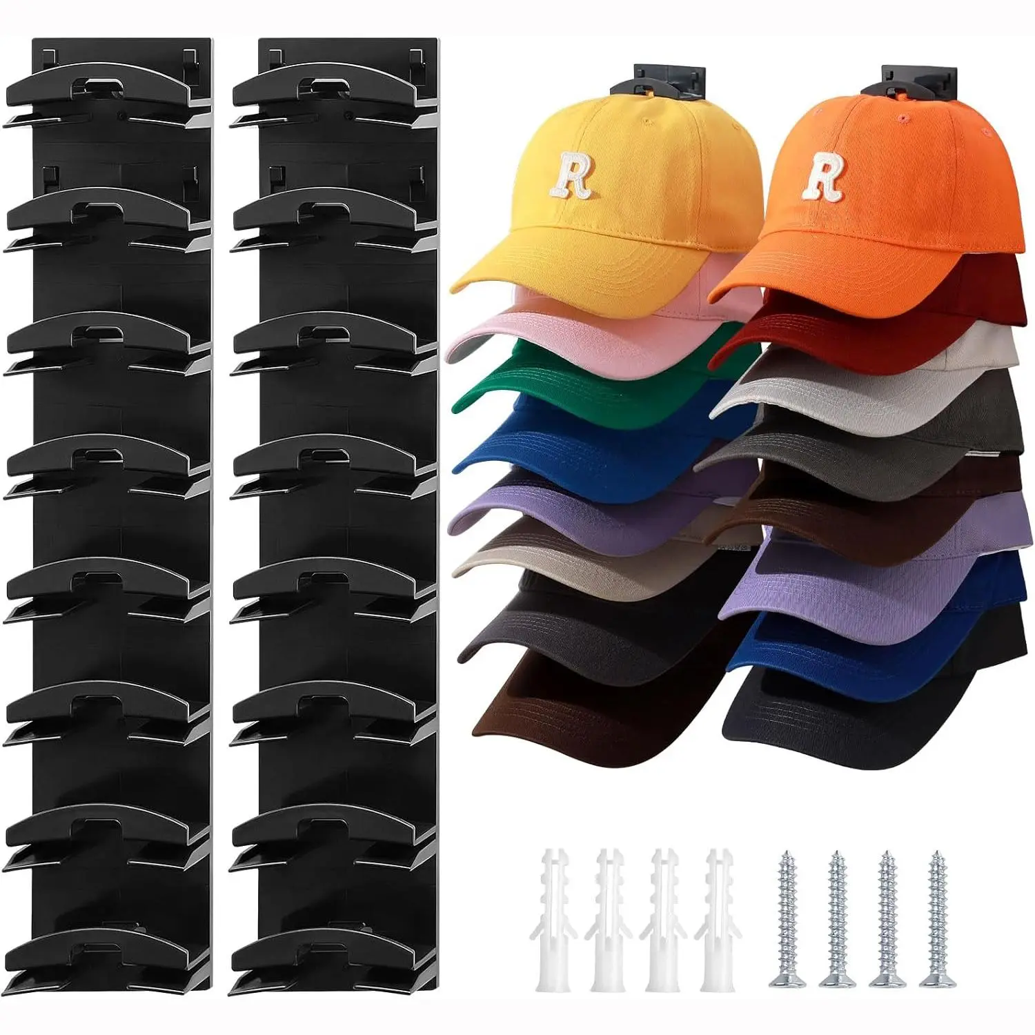 Hat Hook for Wall 2 Pack Hat Organizer Holds Up to 16 Hats with Strong Adhesive and 8 Screws Cap Holder for Closet Door and Bedroom B-Black - Decor Key Hook Wall Mounted Shelf Father's Day gift