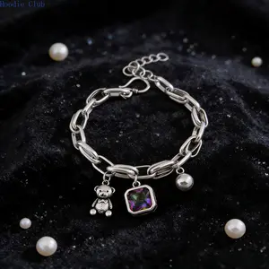 Y2K Aesthetic Silver Teddy Bear Charm Bracelet for Women | Trendy Iridescent Square Crystal & Ball Charms | Thick Link Chain Jewelry | Perfect Gift for Her, Birthday, Anniversary & Daily Wear Artificial Christmas Tree with Snow festival