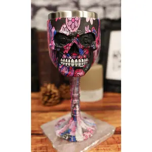 Ebros Pink Floral Sugar Skull Wine Goblet Chalice Beverage Drinkware 7.25"H