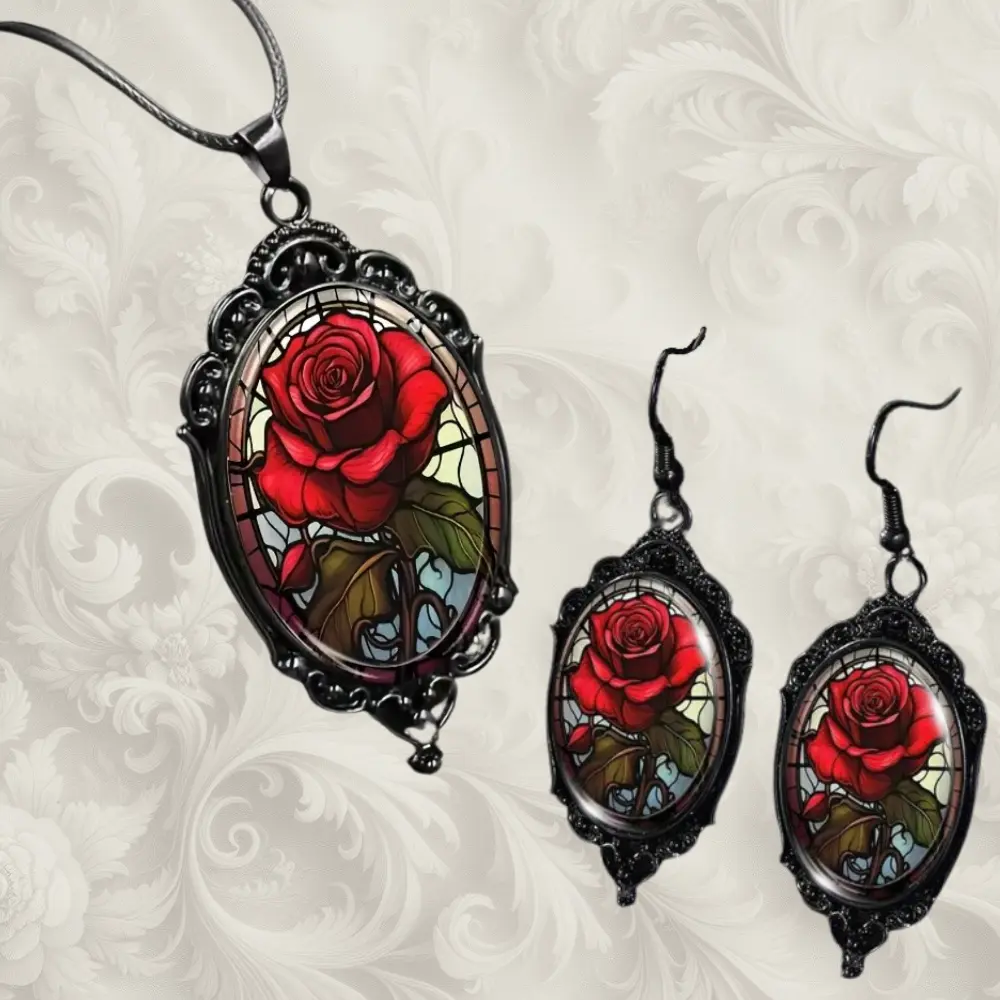 Stained Glass Rose Gothic Victorian Black Necklace Earring Set Vintage Antique Inspired