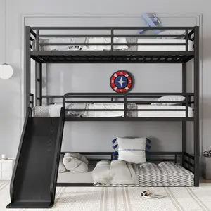 【Bellemave】Twin XL over Twin XL over Twin XL Bunk Bed with Slide, Metal Triple Bunk Bed with Safety Guardrails, Heavy-duty Bunk Bed with Noise-reduced Design, Black