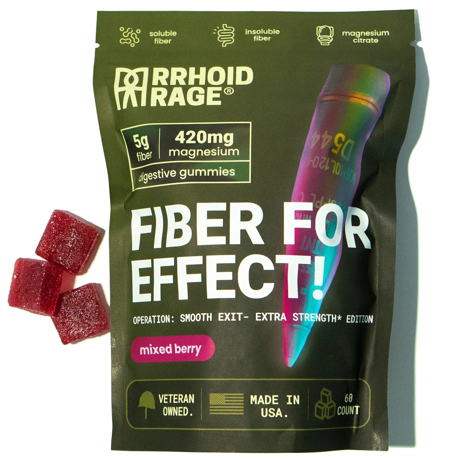Rrhoid Rage Extra Strength Hemorrhoid Relief Dietary Fiber Gummies, Mixed Berry Flavor, 60 Pieces, All Ages, Natural Magnesium Citrate, Non-GMO, Gluten-Free, Chewable, Constipation Control, Digestive Health, Bloating & Gut Support, Natural Ingredients, Mu