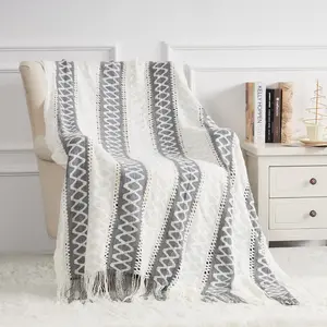 Knit Soft Lightweight Decorative Bed Throw Blankets, Jacquard Textured Boho Summer Throw Blanket with Tassels for Bed, Sofa and Living Room (Grey, 50 x 60 inches)
