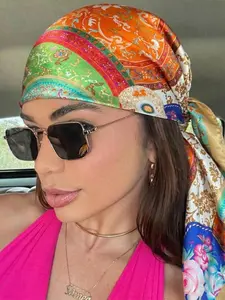 1pc exotic contrasting color stitching satin square scarf, retro bohemian style scarf, fashionable and versatile bandana, commuting and travel atmosphere decoration multi-purpose Hijab square scarf