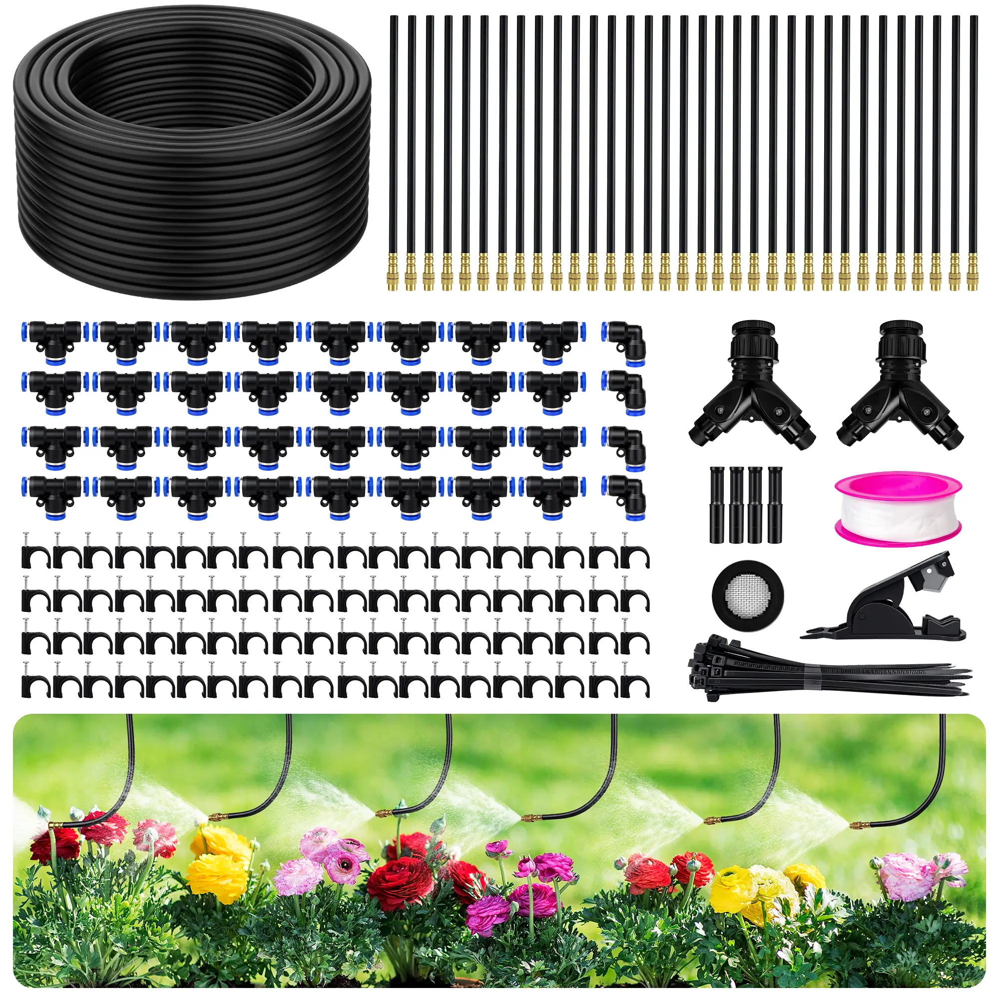 50/100/200 FT Adjustable Drip Irrigation System Kit - 360° Garden Sprinkler, Misting Set with 18 Nozzles for Yd, Greenhouses, Plant Watering, Greenhouse, Garden Sprinklers, Irrigation Kit, 100Ft + 18Pcs Nozzles And Connectors
