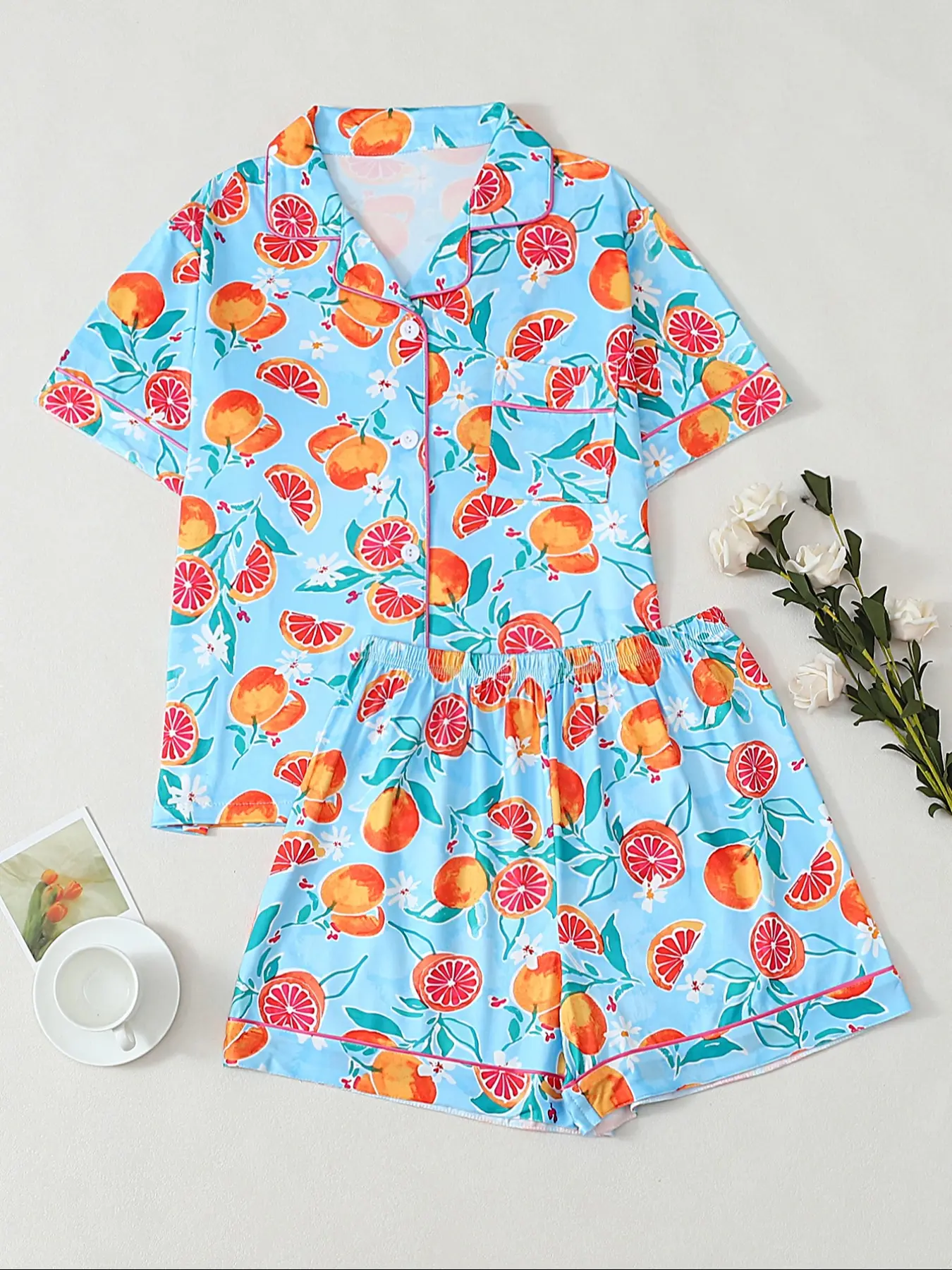 Women's Fruit Print Pajama Set, Soft Fabric Button Front Design, Casual Home Wear, Loungewear, All Seasons Comfortable Sleepwear, Pjs, Womenswear, Summer Sleep Set, Pajamas Lounge Set