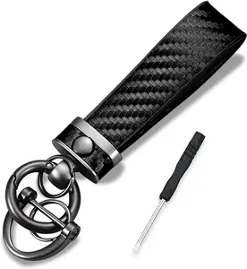 Carbon Fiber Style Car Keychain Microfiber Leather Key Chain, 360 Degree Rotatable with Anti-Lost D-Ring Key Chains
