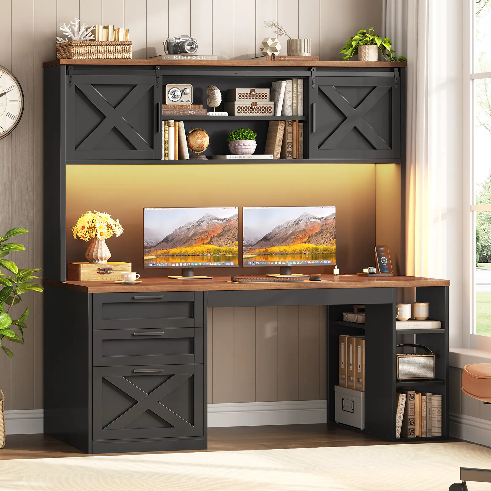 SEDETA 55.1 Inch Farmhouse Desk with Hutch Office Desk with 3 Drawers Executive Computer Desk with Storage Cabinet and Shelves Wood Home Office Desk with Power Outlet LED Lights