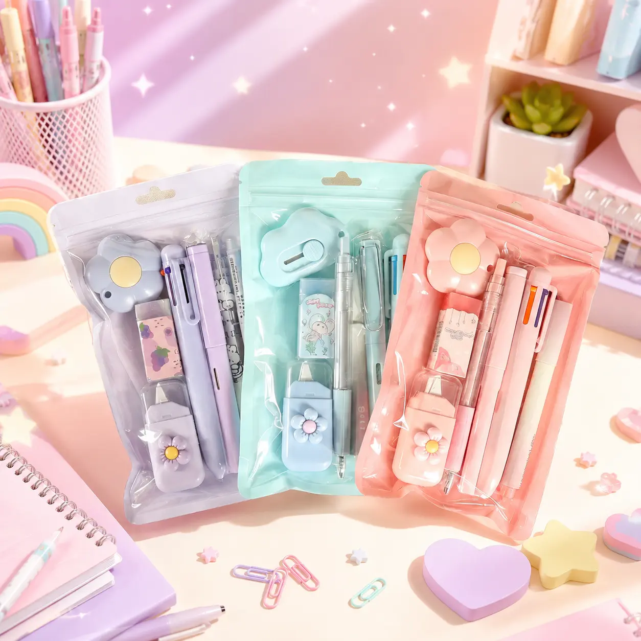 7 Pcs Cute Stationery Set Kawaii School Supplies Office Supplies Including Ballpoint Pens Pencil Sharpener Highlighter Correction Tape Ruler Utility Knife，mini gifts for coworkers，bulk gift items
