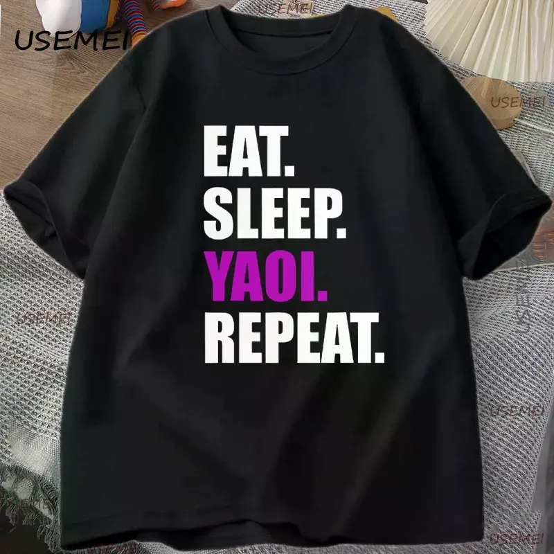 Men's Cotton T-Shirt with 'Eat Sleep Yaoi Repeat' Manga Print, Casual Round Neck Top in a Breathable Stretchable Knit Fabric, Short Sleeve, Tshirt, Shortsleeve, Tee, Four Seasons