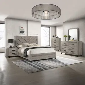 Best Quality B790-4PC Mari Light Grey Finish Wood Chevron Design Mid-Century Modern Queen Bedroom Set with Bed Nightstand Dresser Mirror and Chest