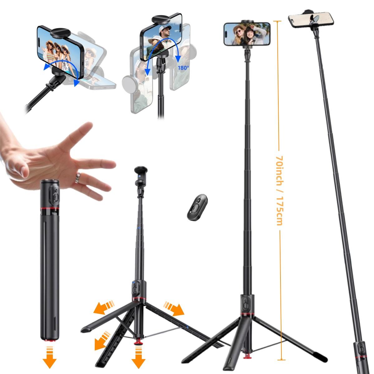 70" Auto-Open Selfie Stick Tripod with Remote Kit, 175mm(H) Telescopic Rod Aluminum Alloy, 360° Rotatable Stable Travel Portable Phone Holder Stand Mount for Vlog/Video Record/Live Stream, Universal fits for iPhone 17 16 15 Pro Max Samsung Galaxy Series