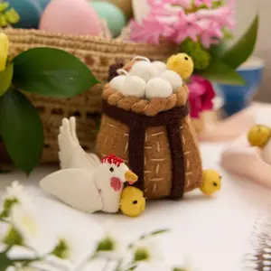 Chickens in Adirondack Basket Ornament, Hand Felted Farm Animal Charm, Handmade Easter Decor