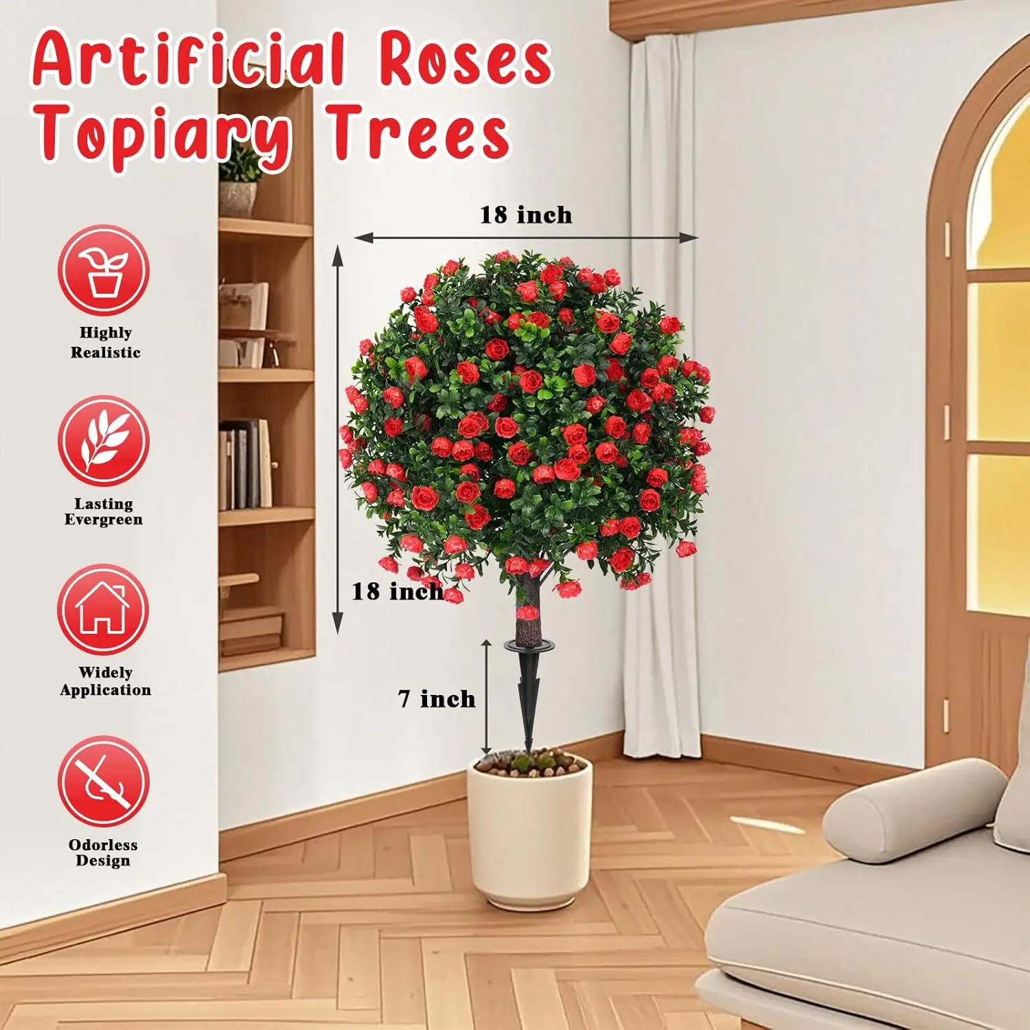 Artificial Boxwood Topiary Tree with Rose, Set of 2 Artificial Shrub Bushes with Ground Spike, Fake Evergreen Tree for Porch, Indoor UV Resistant fake flowers for outdoor artificial flowers for outside lilies flower bouquet front porch decor Decorative