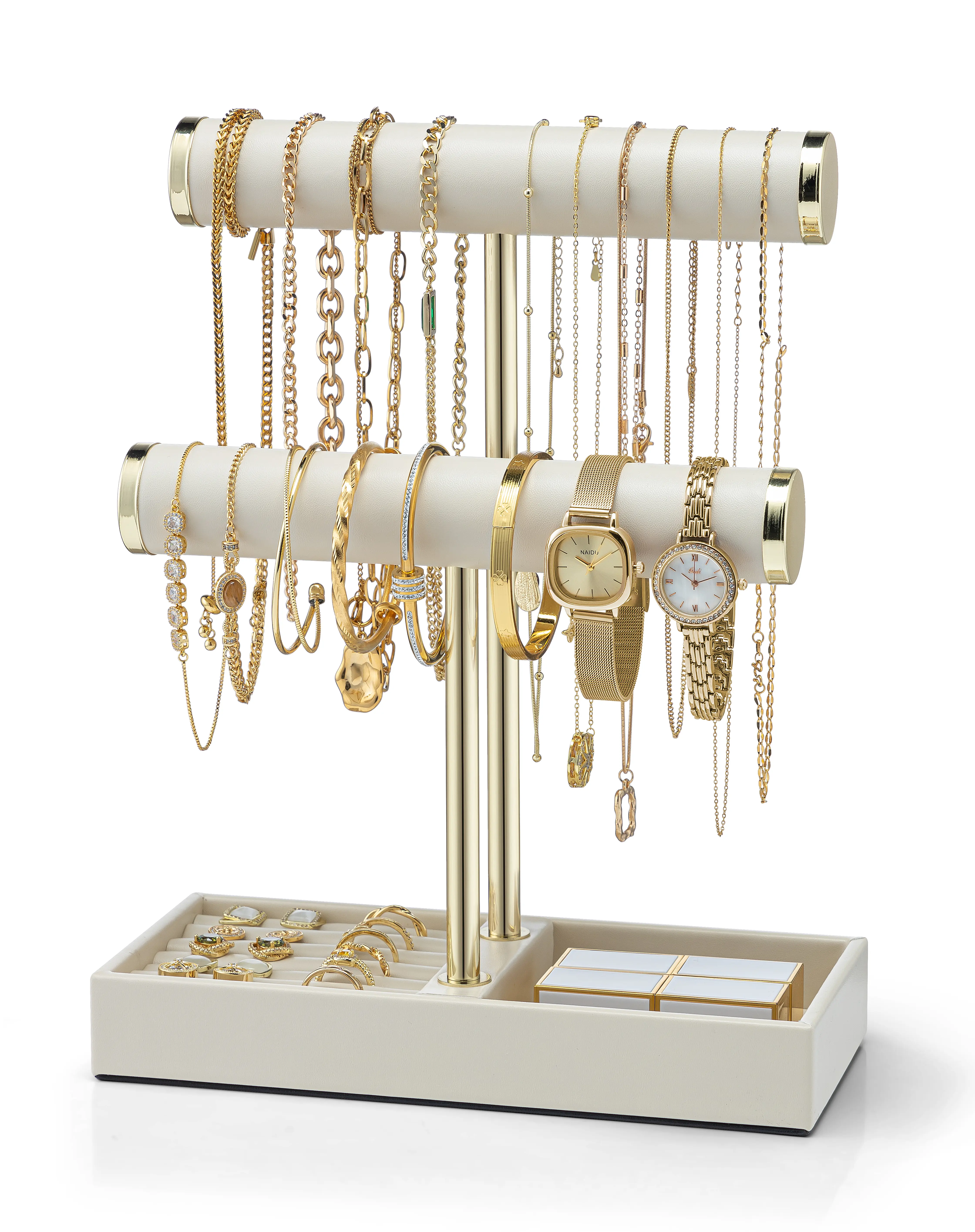 VLANDO Classic 2/3-Tier Faux Leather Jewelry Organizer Storage Stand with Tray - Cloud White Home Organizer for Women, Necklaces, Watches, Rings, Earrings, Bangles, Scrunchies,dorm essentials,home decor,dorm room inspo,college dorm essentials,dorm haul
