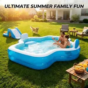 120-in Inflatable Foldable Swimming Pool, Thick Tear-Resistant PVC Explosion-Proof Material, Integrated Backrest, Family Fun Pool for Outdoor Water Sports,summervibes