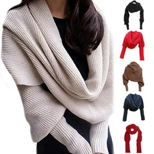 Women Men Scarf, Knitting Wrap Sweater Multi-Use Knitted Autumn Winter Solid Color Scarf with Sleeves