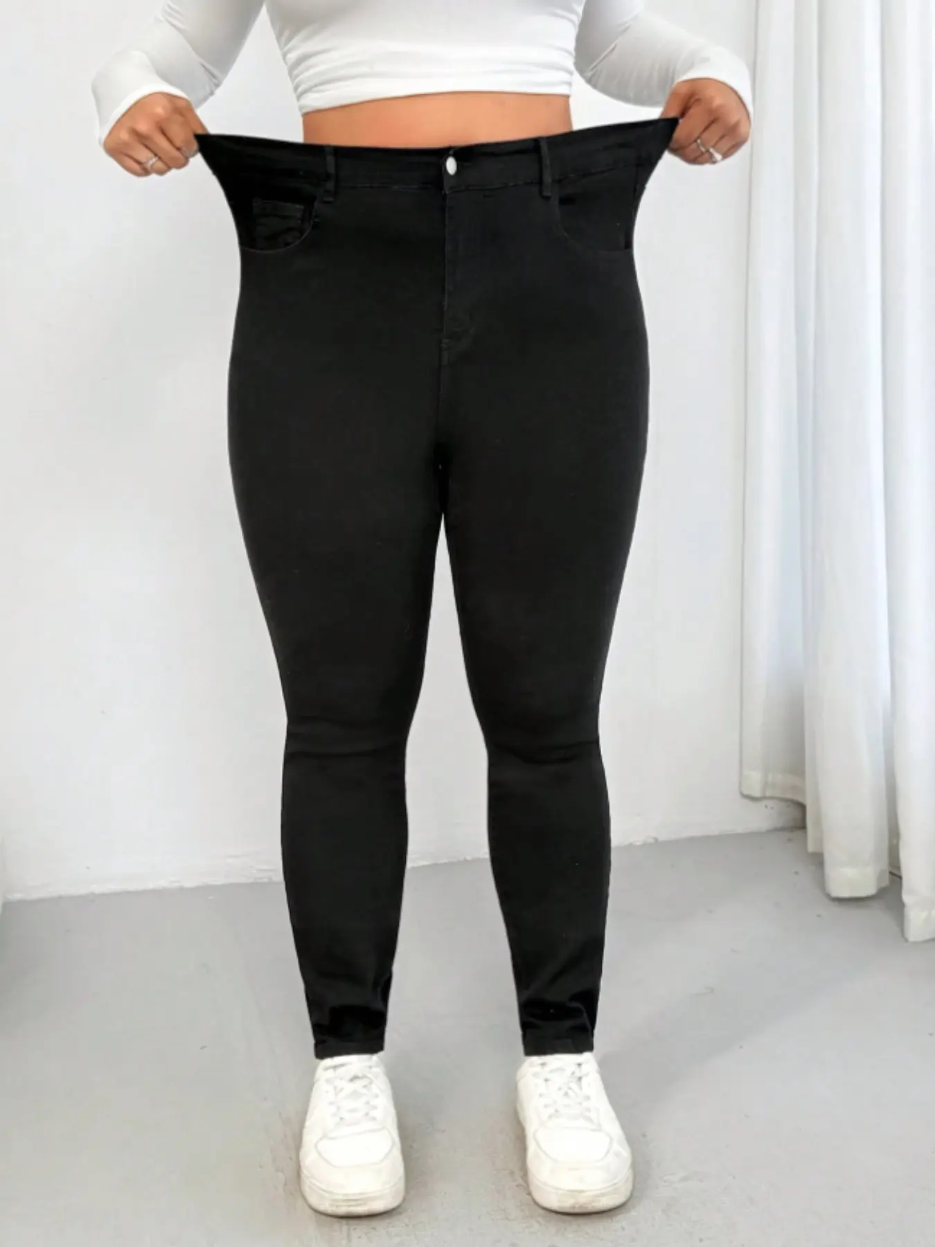 Elastic High-Waisted PU Jean Long Pants, Elegant Slim-Fitting Jeans for All Seasons, Solid Pattern, Perfect for Daily Wear