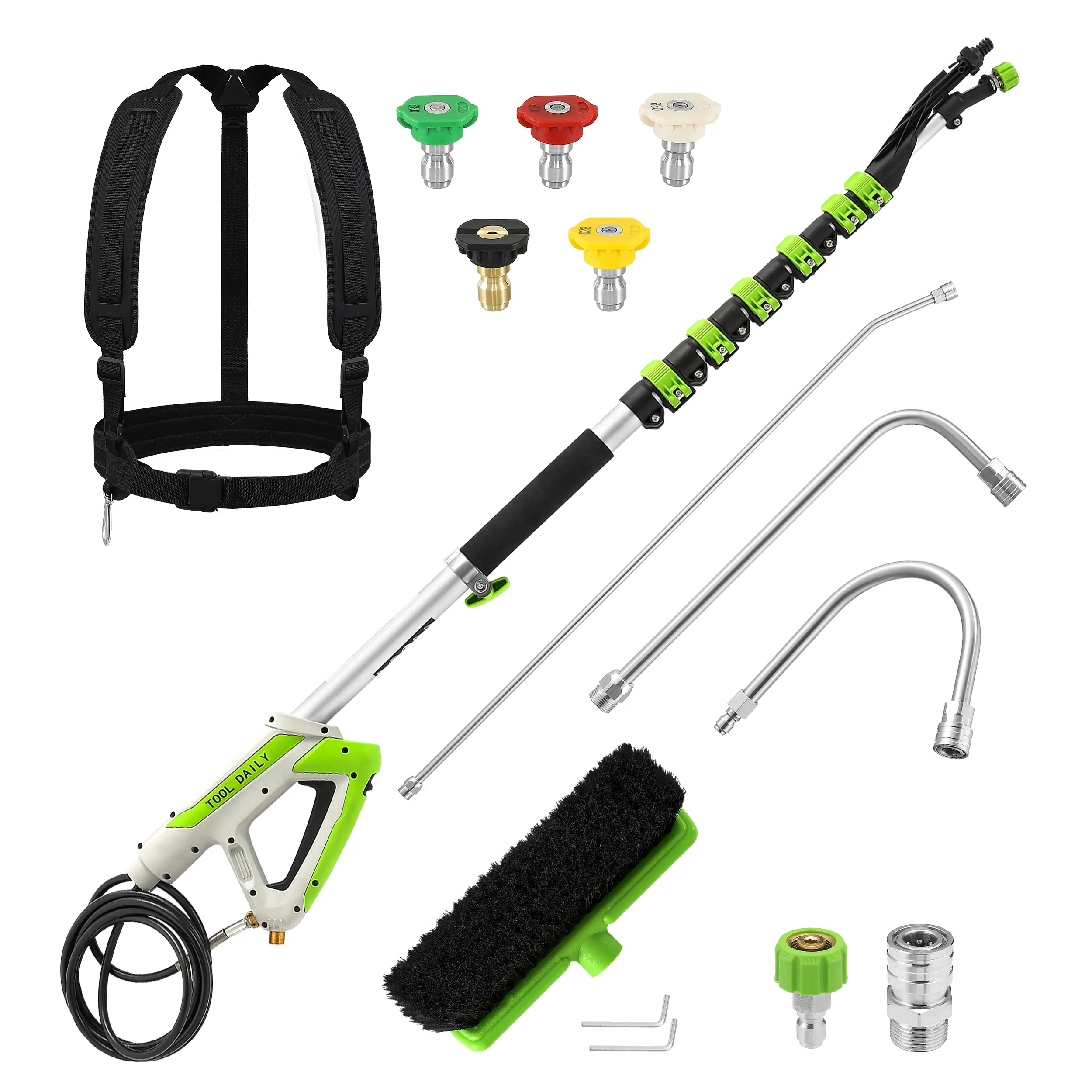 Tool Daily 21FT Aluminum Telescoping Gutter Cleaner Wand Kit - Power Washer Attachment (4000 PSI Pressure Washer Compatible), 3 Curved Rods, Brush, 5 Sprayer Nozzle Tips, Adjustable Belt, for Driveways, Pool Decks, Gutters/Roofs (Father's Day Gift)