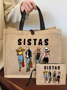Fashion Women's Printed Handbag Set, Gift for Sisters, Lightweight Canvas Shopping Bag, Portable Travel Beach Bag with Makeup Bag, Stylish Tote Bag