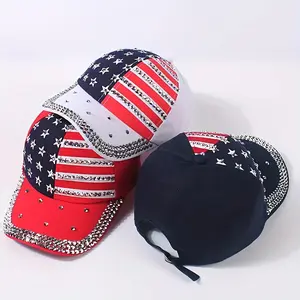 [4th of July Patriotic Cap] 2pcs 4th of July Patriotic Baseball Cap - Rhinestone Star & Stripe Reversible American Flag Sun Protection Summer Street Style Fashion Trucker Cap