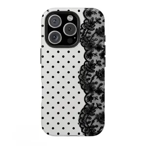 Black Polka Dot & Lace Print Phone Case Dainty Black Polka Dots Paired With Ornate Floral Lace Trim Compatible with Durable Hard Acrylic Back Case With A Reinforced Frame iPhone 17 16 15 14 13 12 11 X Xs pro max