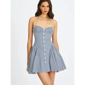 Melody Navy Blue Cotton Poplin Stripe Halter Drop Waist Mini Dress
