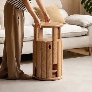 【Clearance sale】Wayshome 100% Solid Wood Stackable Stools Set of 4, Assembled Oak Dining Ottoman Side Nesting Tables with Bold Legs with Handle, Stacking End Table Vanity Stools for Kitchen,Living Room, Bedroom