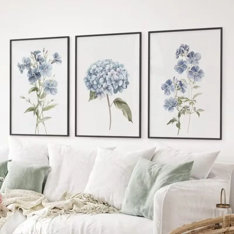Set of 3 Blue Hydrangea Watercolor Poster, Modern Botanical Floral Print, Minimalist Room Decor, Unframed Dorm Art
