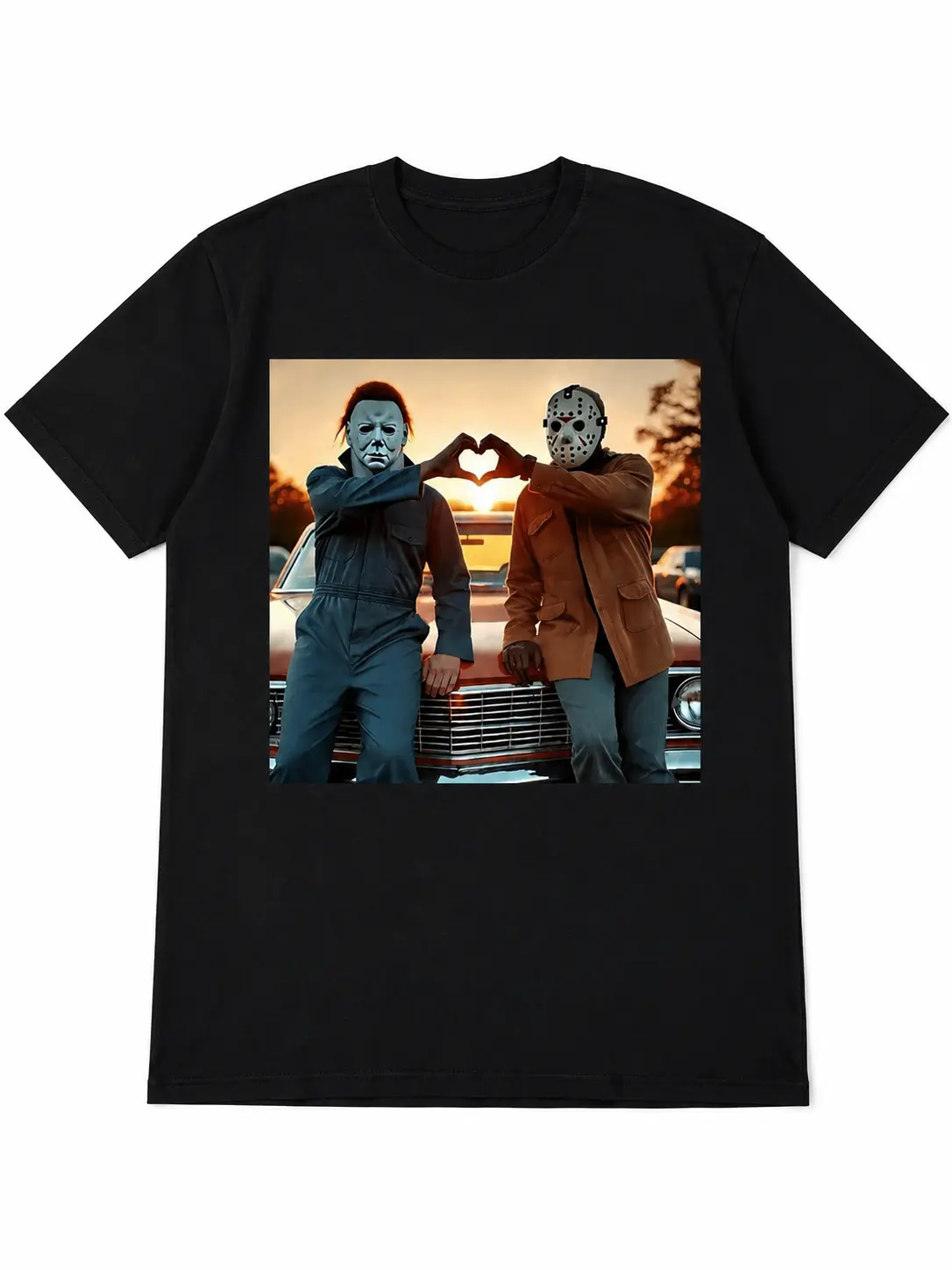 Menswear 90s Vintage Retro Heart Hands Michael and Jason Halloween Short-Sleeve Crewneck Round Neck T-Shirt - 100% Cotton Casual Streetwear Summer Top, Ideal Gift for Him