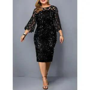GGFL Women's Plus Size Black Sequin Midi Dress, 3/4 Sleeve Mesh Insert Bodycon Formal Dress for Party Women's Curvy Glitter Mesh Fitted Party Dress Plus Size Glitter Mesh Bodycon Party Dress