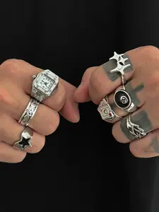 Punk Style Watch Element Multi-Shape Ring Set, Stackable Rings, Star Carving Poker Card Design, 7 Piece Punk Jewelry Series, Unique Punk Wind Accessory, Statement Multi Ring, Stacking Ring Set